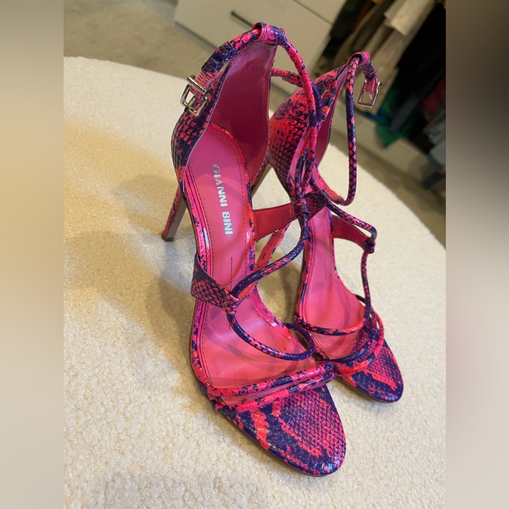 GIANNI BINI Pink Snake Print Leather Strappy Heels